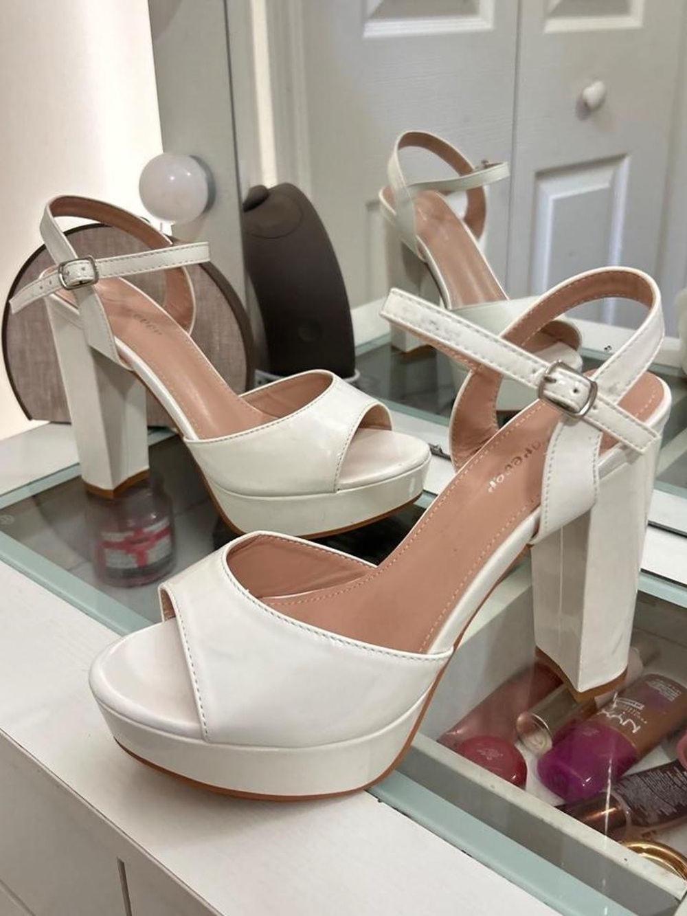 White Platform Block Heel Sandals with Ankle Strap